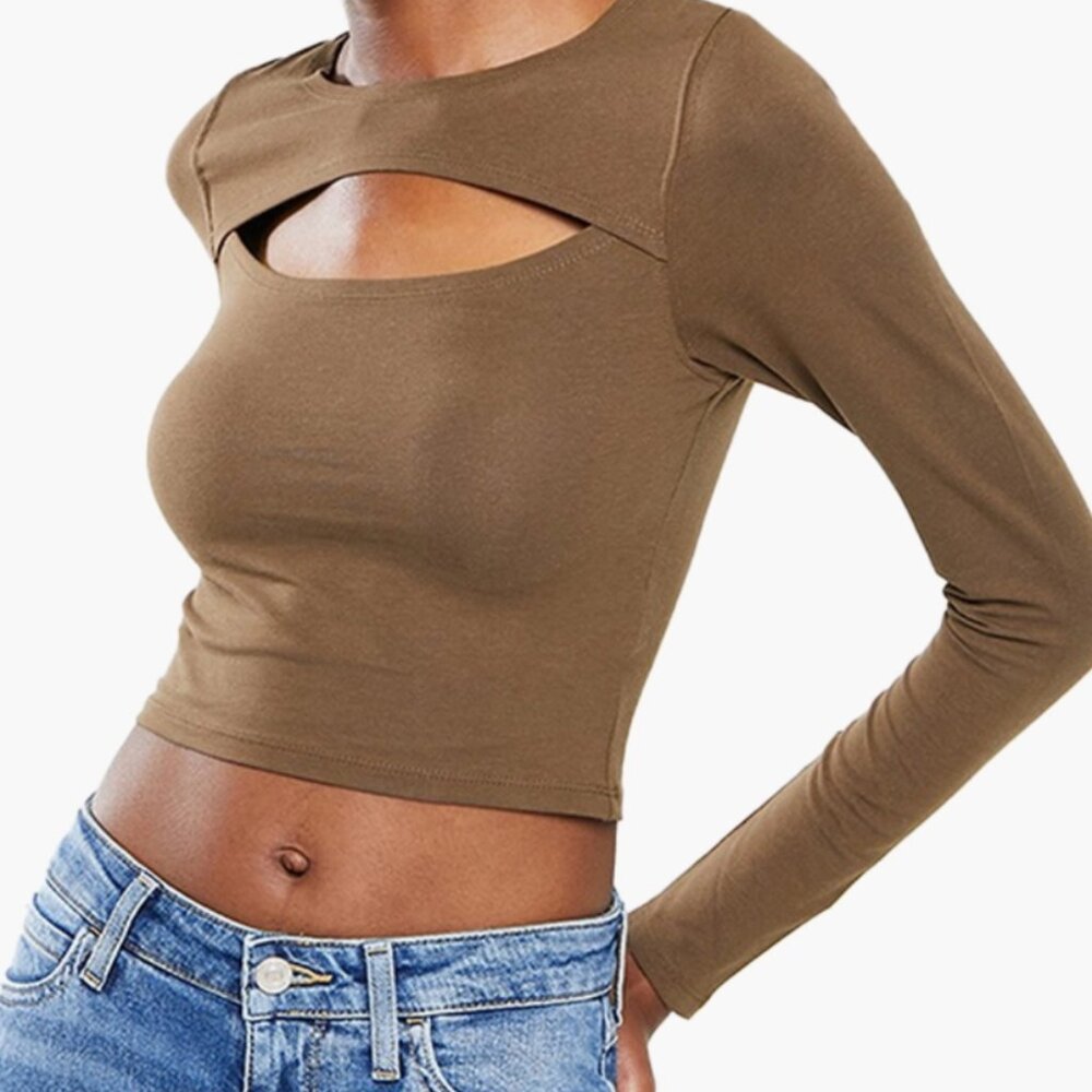 NEW! Cotton: On Crop Top Lara Keyhole Long‎ sleeve Brown XL Stretch
